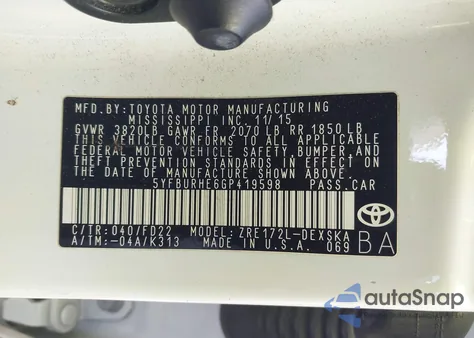2016 Toyota Corolla S Plus from USA, damaged, VIN 5YFBURHE6GP419598